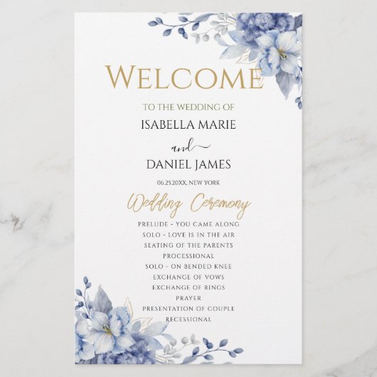 Elegant Dusty Blue Floral Wedding Ceremony Program (Voorkant)