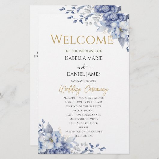 Elegant Dusty Blue Floral Wedding Ceremony Program (Voorkant / Achterkant)