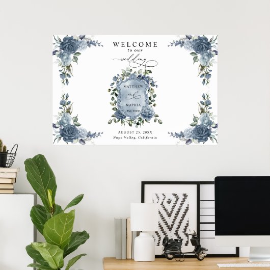 Elegant Dusty Blue Floral Wedding Crest Poster (Thuiskantoor)