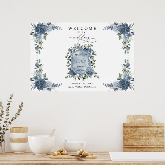 Elegant Dusty Blue Floral Wedding Crest Poster (Keuken)