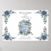 Elegant Dusty Blue Floral Wedding Crest Poster (Voorkant)