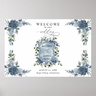 Elegant Dusty Blue Floral Wedding Crest Poster
