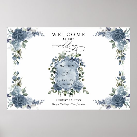 Elegant Dusty Blue Floral Wedding Crest Poster (Voorkant)