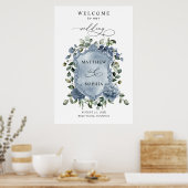 Elegant Dusty Blue Floral Wedding Crest Poster (Keuken)