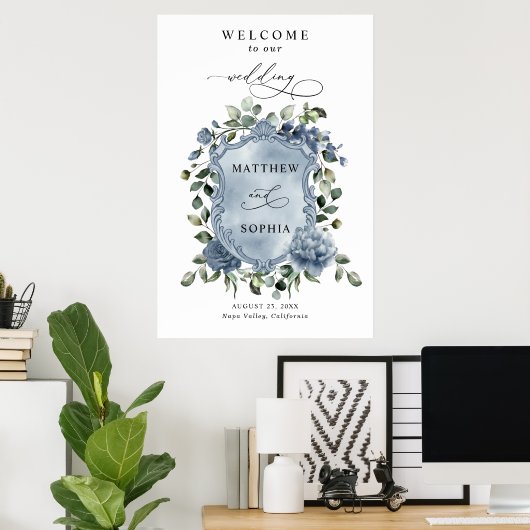 Elegant Dusty Blue Floral Wedding Crest Poster (Thuiskantoor)
