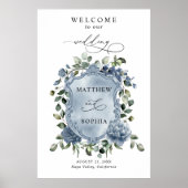 Elegant Dusty Blue Floral Wedding Crest Poster (Voorkant)