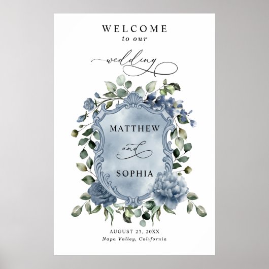 Elegant Dusty Blue Floral Wedding Crest Poster (Voorkant)
