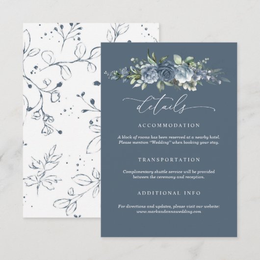 Elegant Dusty Blue Floral Wedding Enclosure Card Informatiekaartje (Voorkant / Achterkant)