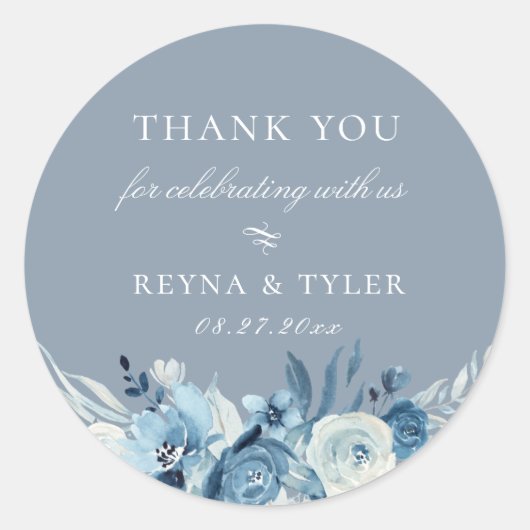 Elegant Dusty Blue Floral Wedding Favor Ronde Sticker (Voorkant)