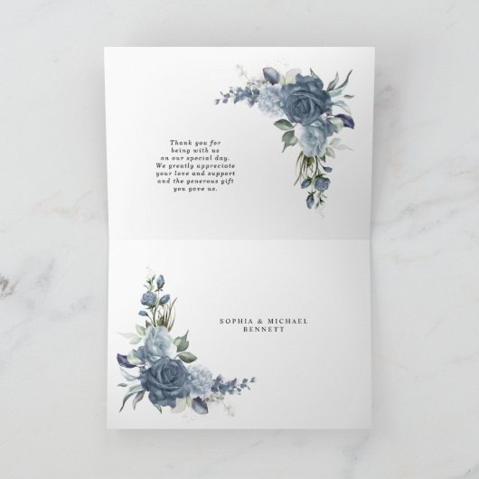 Elegant Dusty Blue Floral Wedding Folded Bedankkaart (Binnen)