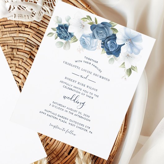 Elegant Dusty Blue Floral Wedding Invitation