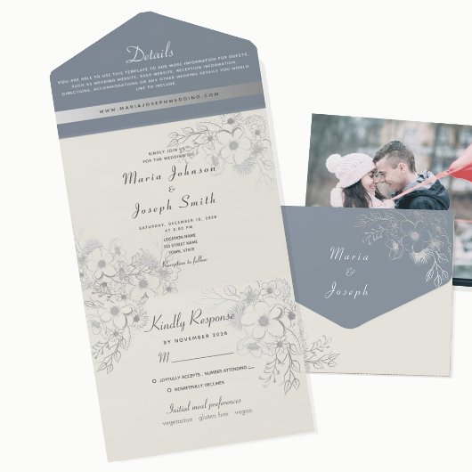 Elegant Dusty Blue Floral Wedding Invitation All In One Uitnodiging