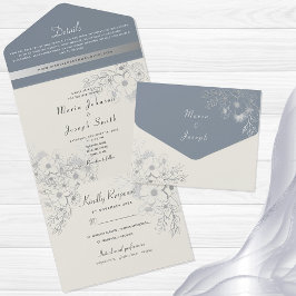 Elegant Dusty Blue Floral Wedding Invitation All In One Uitnodiging