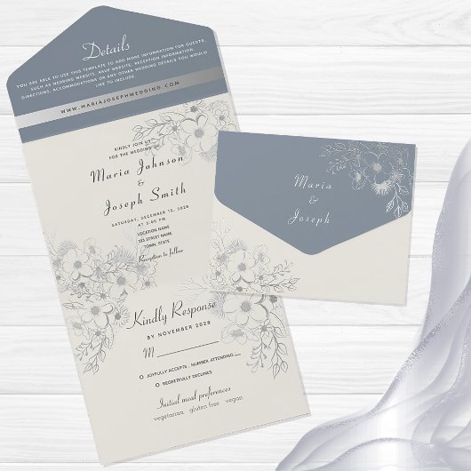 Elegant Dusty Blue Floral Wedding Invitation All In One Uitnodiging