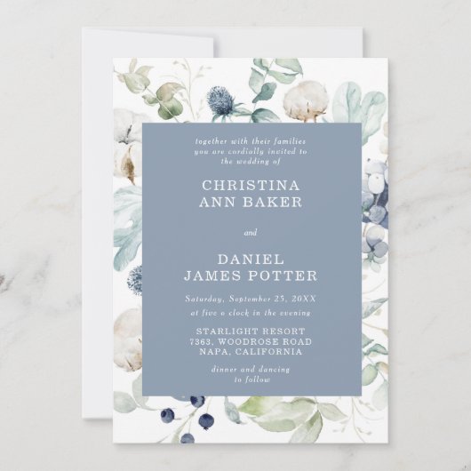 Elegant Dusty Blue Floral Wedding Invitation Kaart (Voorkant)