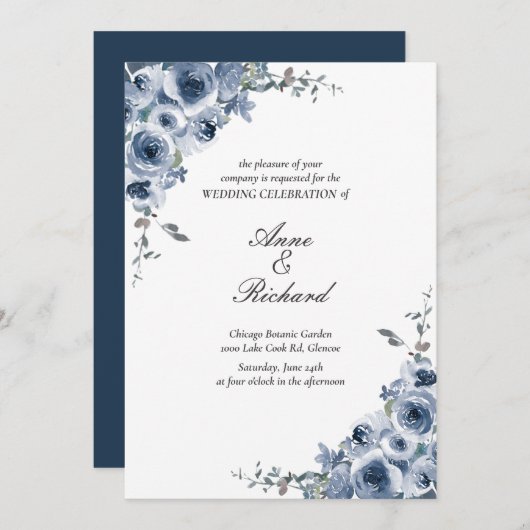 Elegant Dusty Blue Floral Wedding Invitation Kaart (Voorkant / Achterkant)