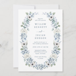 Elegant Dusty Blue Floral Wedding Invitation Kaart