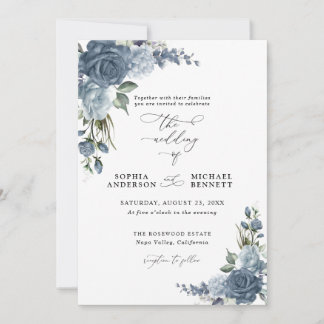 Elegant Dusty Blue Floral Wedding Invitation Kaart
