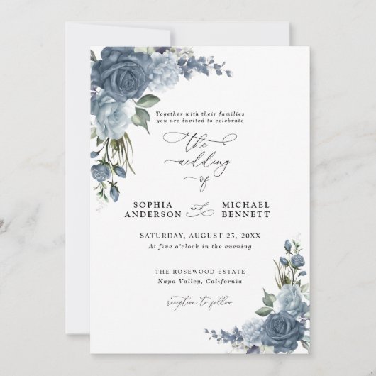 Elegant Dusty Blue Floral Wedding Invitation Kaart (Voorkant)