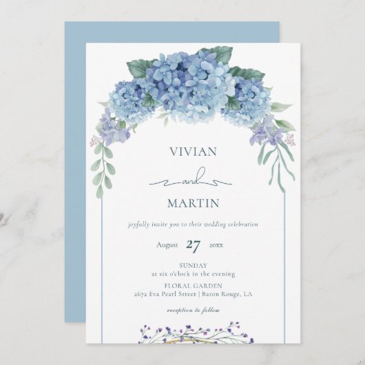 Elegant Dusty Blue Floral Wedding Invitation Kaart (Voorkant / Achterkant)