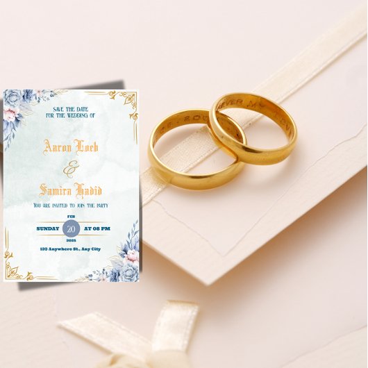 Elegant Dusty Blue Floral Wedding Invitation  Kaart