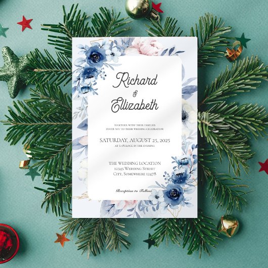 Elegant Dusty Blue Floral Wedding Invitation Kaart