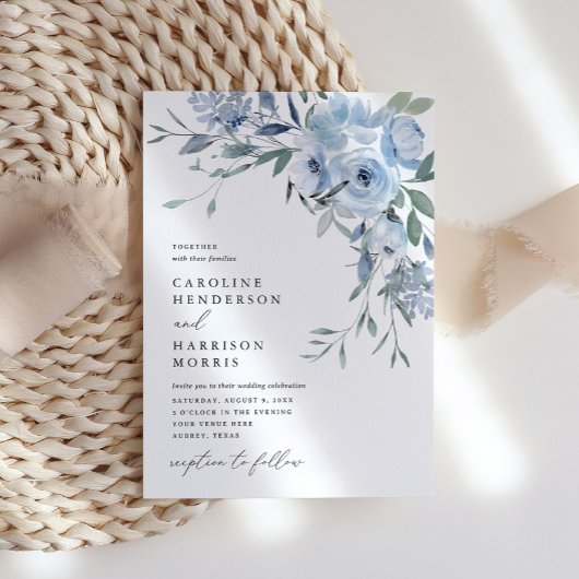 Elegant Dusty Blue Floral Wedding Invitation Kaart