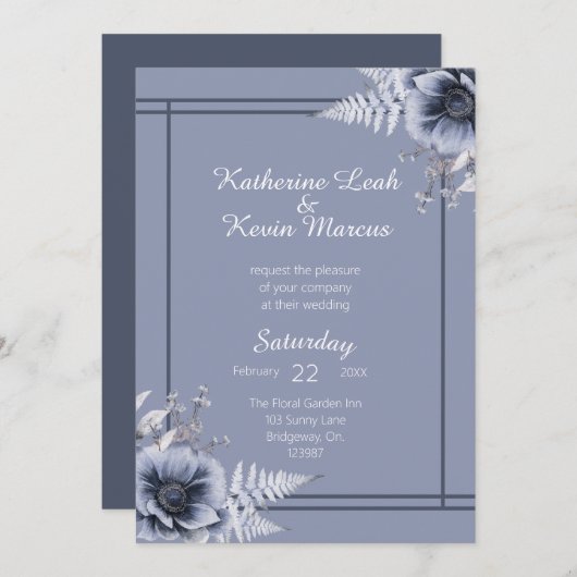 Elegant Dusty Blue Floral Wedding Invitation Kaart (Voorkant / Achterkant)