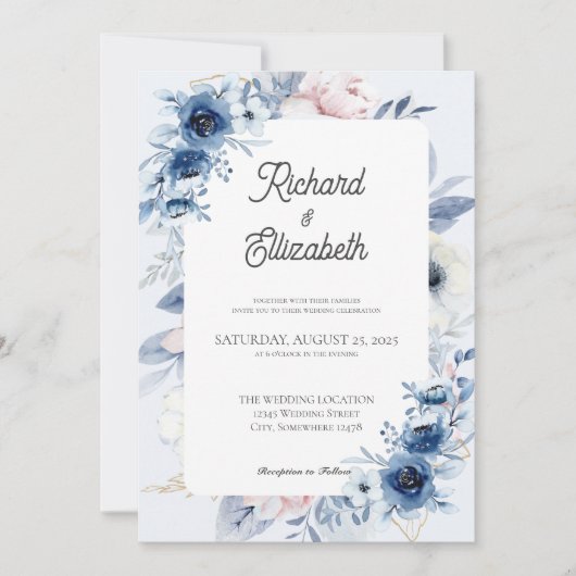 Elegant Dusty Blue Floral Wedding Invitation Kaart (Voorkant)