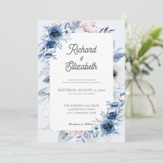 Elegant Dusty Blue Floral Wedding Invitation Kaart (Staand voorkant)