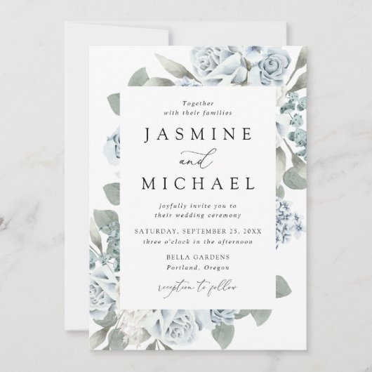 Elegant Dusty Blue Floral Wedding Kaart (Voorkant)