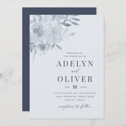 Elegant Dusty Blue Floral Wedding Kaart (Voorkant / Achterkant)