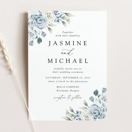 Elegant Dusty Blue Floral Wedding Kaart