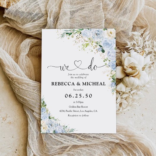 Elegant Dusty Blue Floral Wedding Kaart