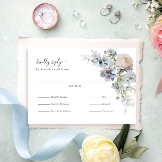 Elegant Dusty Blue Floral Wedding Meal Choice RSVP Kaartje