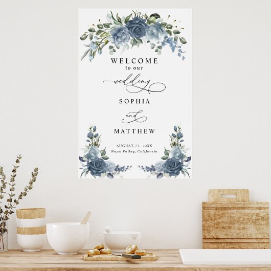 Elegant Dusty blue Floral Wedding Poster (Keuken)