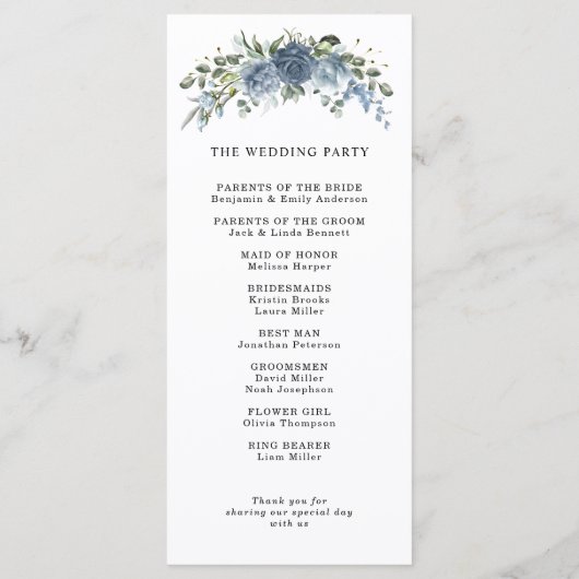 Elegant Dusty Blue Floral Wedding Program Programmakaart (Achterkant)