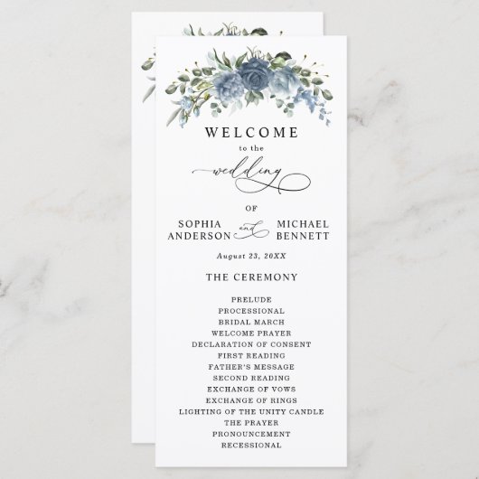 Elegant Dusty Blue Floral Wedding Program Programmakaart (Voorkant / Achterkant)