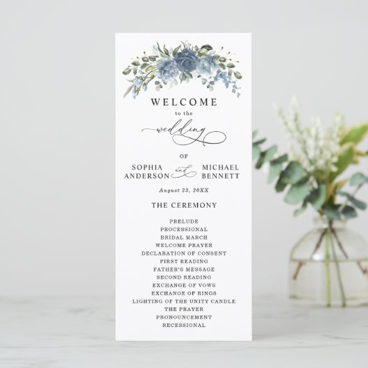 Elegant Dusty Blue Floral Wedding Program Programmakaart (Staand voorkant)