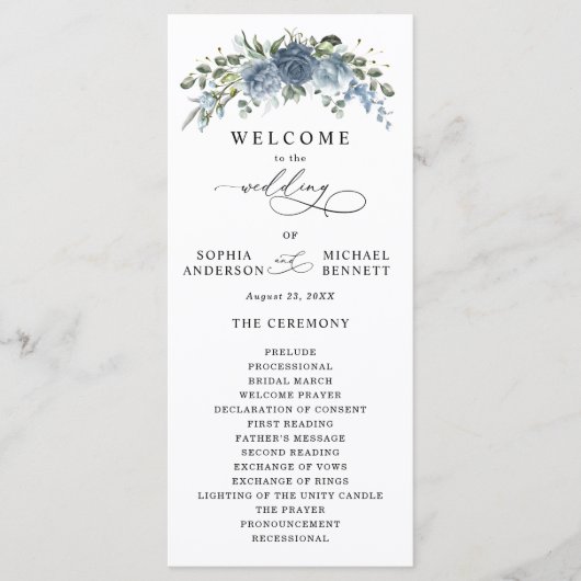 Elegant Dusty Blue Floral Wedding Program Programmakaart (Voorkant)