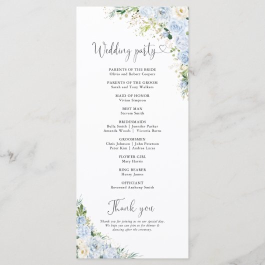 Elegant Dusty Blue Floral Wedding Program Programmakaart (Achterkant)