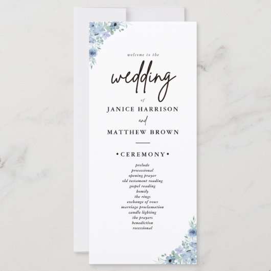 Elegant Dusty Blue Floral Wedding Programme (Voorkant)
