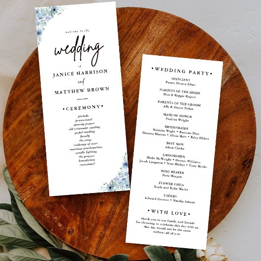 Elegant Dusty Blue Floral Wedding Programme