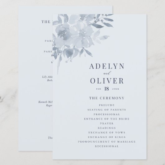 Elegant Dusty Blue Floral Wedding Programme (Voorkant / Achterkant)