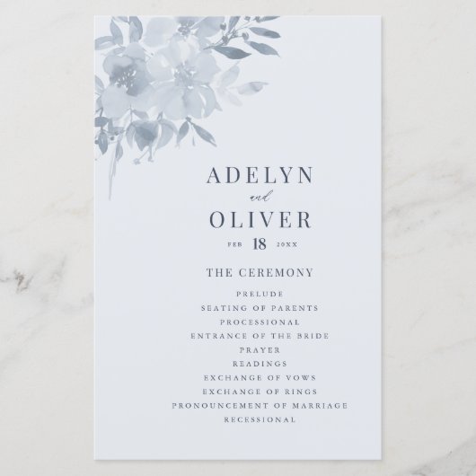 Elegant Dusty Blue Floral Wedding Programme (Voorkant)