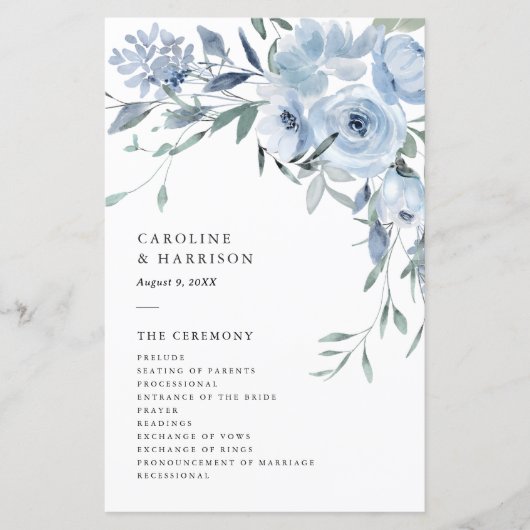 Elegant Dusty Blue Floral Wedding Programme (Voorkant)