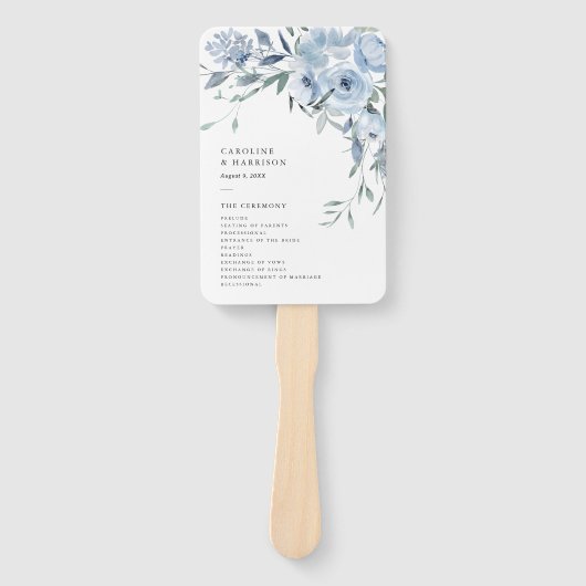 Elegant Dusty Blue Floral Wedding Programme Handwaaier (Voorkant)