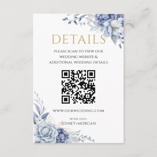 Elegant Dusty Blue Floral wedding QR code Details Informatiekaartje (Voorkant)