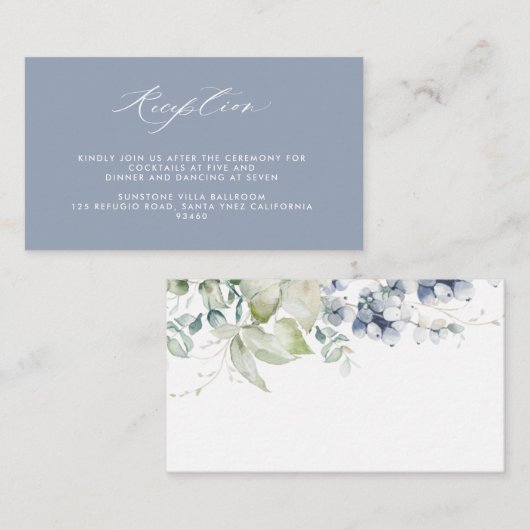 Elegant Dusty Blue Floral Wedding Reception Informatiekaartje (Voorkant / Achterkant)