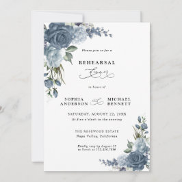 Elegant Dusty Blue Floral Wedding Rehearsal Dinner Kaart